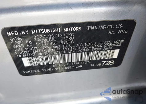 2015 Mitsubishi Mirage Es из США, поврежденный, VIN ML32A4HJ5FH054272